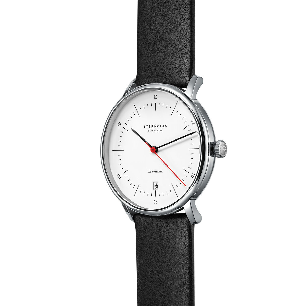ZEIT-Sonderedition »Naos Automatik« Uhr von Sternglas mit einem minimalistischen Design. Die Uhr verfügt über ein Edelstahlgehäuse, ein schwarzes Lederarmband, ein weißes Zifferblatt und einen roten Sekundenzeiger.