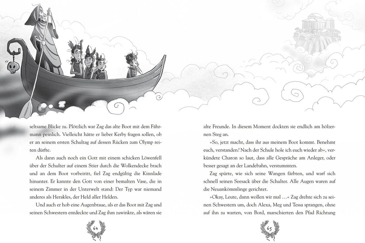 Eine Illustration zeigt ein Boot, das von einer mythologischen Figur mit langen Haaren und einer Gruppe von Kindern geführt wird. Der Hintergrund ist mit Wolken und einem Berg verziert. Daneben befindet sich einer Textseite in deutscher Sprache aus dem Buch 'Schule der kleinen Götter'.