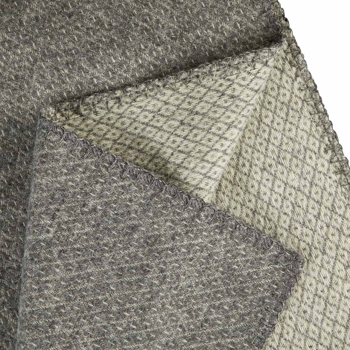 Nahaufnahme einer gemusterten Decke in verschiedenen Grautönen mit beiger Rückseite. Die Decke hat ein gestricktes oder gewebtes Aussehen und wirkt sehr gemütlich und warm.