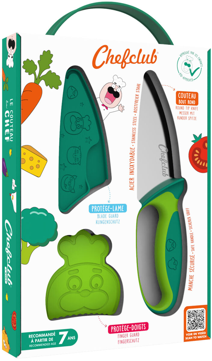 Messer für Kinder von Chefclub, geeignet ab 7 Jahren. Enthält ein Sicherheitsmesser mit grüner Schutzhülle und Griff, illustriert mit Gemüsefiguren. Verpackung in leuchtenden Farben mit bunten Grafiken.