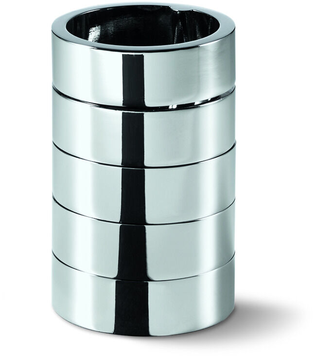 Ein zylindrischer Stifthalter aus Metall in Silber mit horizontalen schwarzen Linien. Er eignet sich zur Ordnung von Schreibtischen und ist ein elegantes Element für die Büroorganisation.