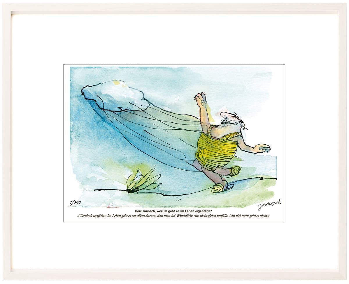 Ein gerahmtes Kunstwerk von Wondrak Druck-Grafik »Windstärke«. Das Bild zeigt eine humorvolle Szene mit einem Mann, der gegen starken Wind kämpft. Die Illustration ist in Aquarelltechnik in den Farben Blau, Grün, Gelb und Weiß gehalten und hat eine weiße Rahmung.