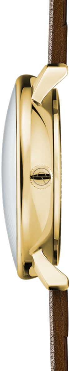 Seitliche Ansicht einer eleganten Armbanduhr der ZEIT-Sonderedition Naos XS mit goldenem, flachem Gehäuse, weißem Zifferblatt und braunem Lederarmband vor neutralem Hintergrund. Die Uhr vermittelt einen minimalistischen und hochwertigen Designstil.