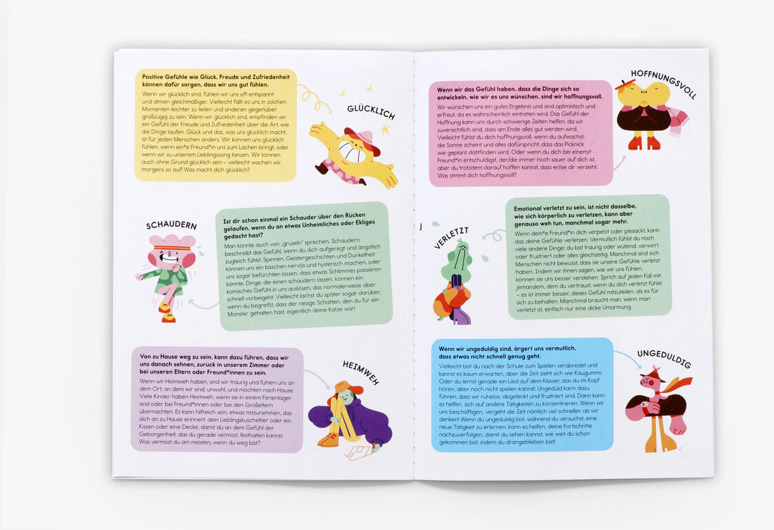 Ein offenes Buch mit bunten Illustrationen und Texten über verschiedene Emotionen wie Glück, Hoffnung, Schwäche, Hermetik, Verletzlichkeit und Ungeduld. Die Illustrationen sind kindgerecht und farbenfroh gestaltet.