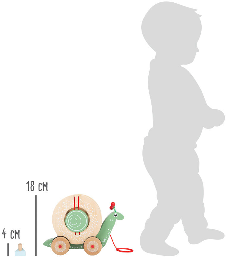 Eine Holzschnecke mit grüner Basis und roten Details auf Rädern. Das Spielzeug hat einen roten Faden zum Ziehen und ist circa 18 cm hoch und 4 cm tief. Es ist ein Nachzieh- und Steckspielzeug für Kleinkinder.