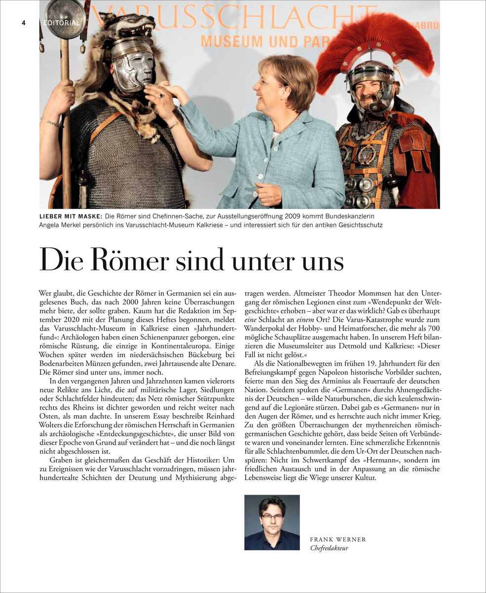 Titelbild des Magazins ZEIT GESCHICHTE 1/21 mit dem Thema 'Die Römer in Germanien'. Das Bild zeigt einen Mann in römischer Rüstung, eine Frau und einen weiteren Mann in antiker Kleidung, die miteinander sprechen. Im Hintergrund ist Text zu sehen sowie das Logo des Magazins.