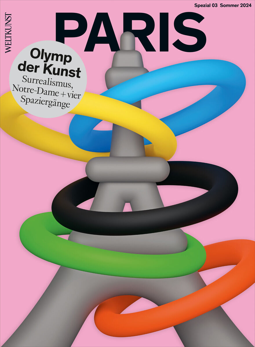 Das Cover des Magazins 'WELTKUNST 229/24 Sonderheft Paris' zeigt den Eiffelturm, umgeben von bunten Ringen in den Farben Grün, Blau, Gelb und Schwarz. Der Hintergrund ist rosa. Ein kreisförmiger Aufkleber informiert über die Inhalte des Hefts: 'Olymp der Kunst; Surrealismus, Notre-Dame + vier Spaziergänge'. Oben rechts steht: 'Spezial 03 Sommer 2024'.