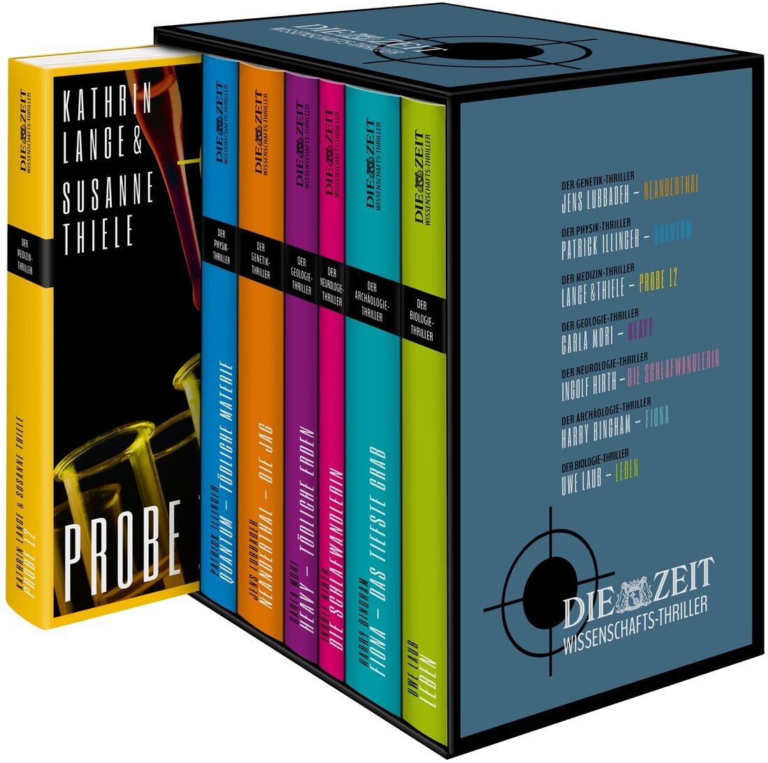 Die ZEIT Edition Wissenschafts-Thriller: Eine stilvolle Buchbox mit einer Reihe von sechs Büchern, jedes in einer verschiedenen Farbe gestaltet. Die Titel der Bücher sind auf der Buchbox sowie auf den Buchrücken sichtbar. Besondere Merkmale sind die dunklen Hintergrundfarben und die bunten Akzente.