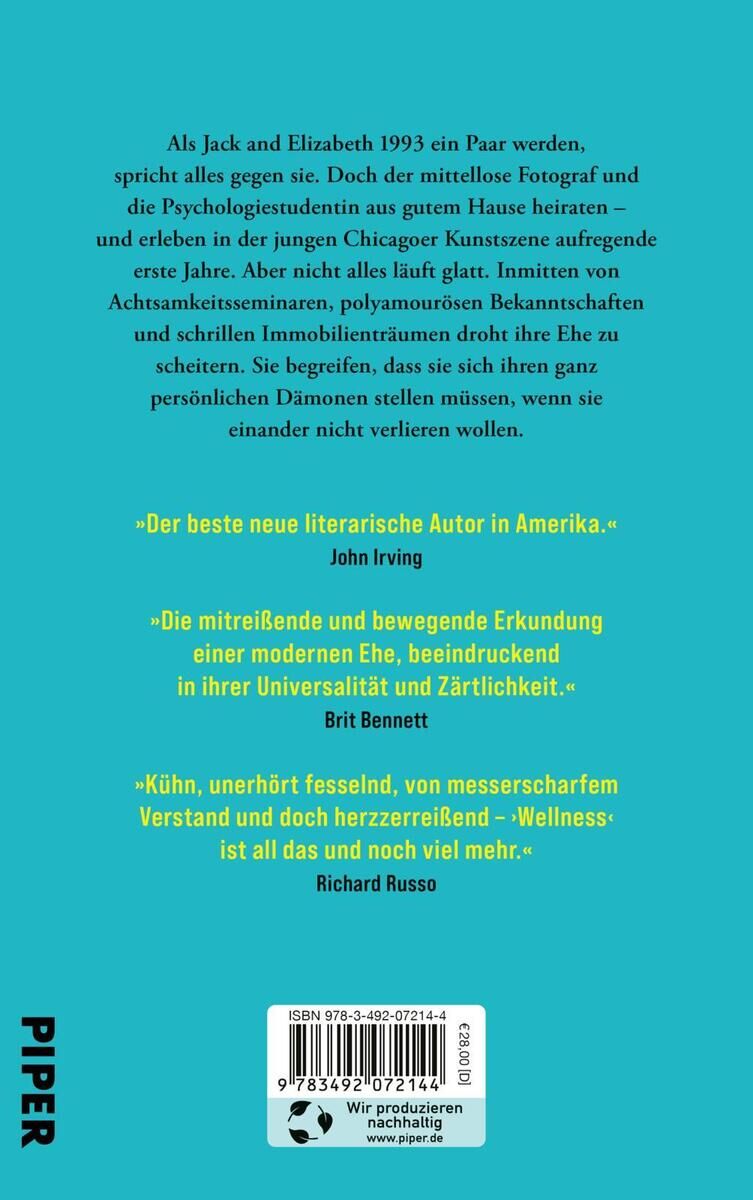 Ein Buchcover mit dem Titel 'Wellness' von Hill, N. Das Cover ist überwiegend blau mit gelben und schwarzen Texten und Zitaten. Der Verlag 'Piper' ist am linken Rand des Buches erkennbar.