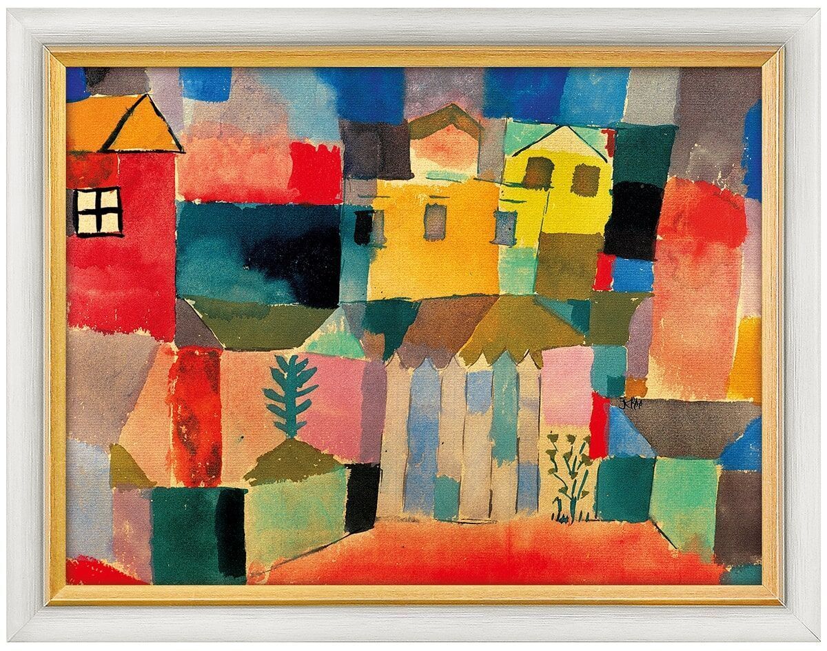 Das Kunstwerk »Häuser am Meer« von Paul Klee aus dem Jahr 1914 zeigt eine abstrakte Meereslandschaft mit Häusern, dargestellt in bunten Farben wie Blau, Rot, Grün und Gelb, eingerahmt in einem weißen Rahmen.