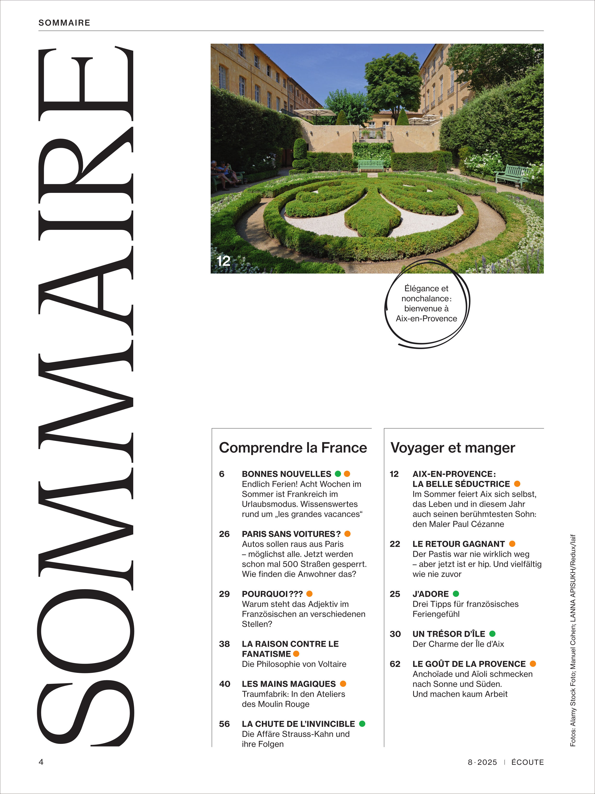 Titelblatt des Écoute Magazins 8/2025 mit Inhaltsverzeichnis. Oben ist ein farbiges Foto eines französischen Gartens mit runden Beeten und grünen Pflanzen zu sehen. Rechts daneben stehen Rubriken und Themen über Frankreich, Reisen und Kultur in schwarzer Schrift auf weißem Hintergrund.