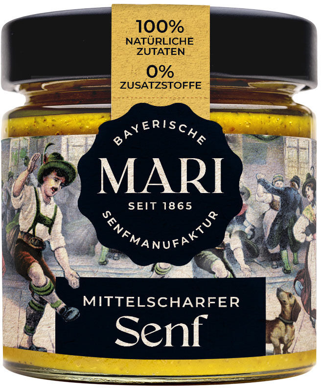 Ein Glas mittelscharfer Senf der Marke »MARI« mit der Aufschrift »Bayerische Senfmanufaktur seit 1865«. Das Etikett ist in Schwarz, Gelb und Weiß gehalten und zeigt ein traditionelles bayerisches Design. Auf der Verpackung steht »100% natürliche Zutaten« und »0% Zusatzstoffe«.