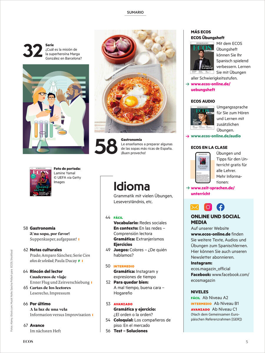 Seite aus der Zeitschrift Ecos Magazin 3/2025 mit Artikeln über Gastronomie und Grammatikübungen, Illustrationen und Bildern. Enthält Informationen zu Sprachkursen und Kulturtipps.