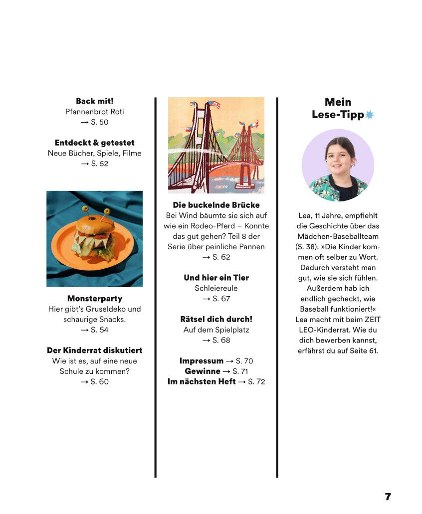 Eine Magazinseite der Ausgabe ZEIT LEO 5/25 zeigt verschiedene Rubriken für Kinder, darunter Backrezepte, Buch- und Spieletipps, Rätsel und einen Lese-Tipp mit einem Porträtfoto eines Kindes. Die Seite ist farbenfroh gestaltet mit Textblöcken, Illustrationen und Fotos, die zum Lesen und Ausprobieren anregen.