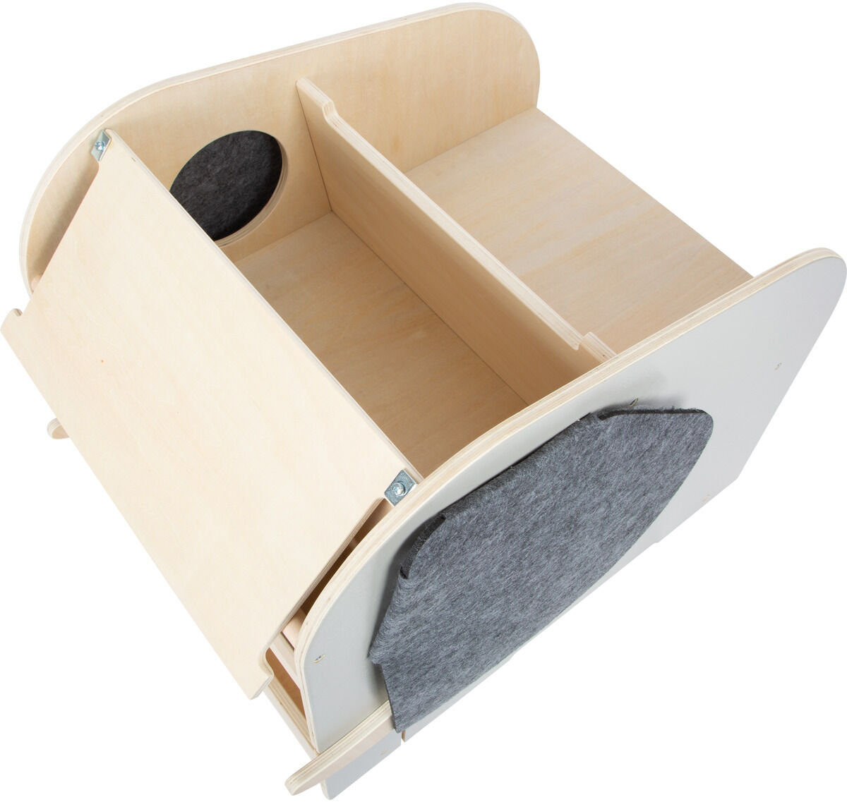 Spielzeugbox in Form eines Elefanten, aus hellem Holz mit grauen Filzdetails. Die Box hat Sitzpolster, Rollen und ist als Sitzgelegenheit geeignet.