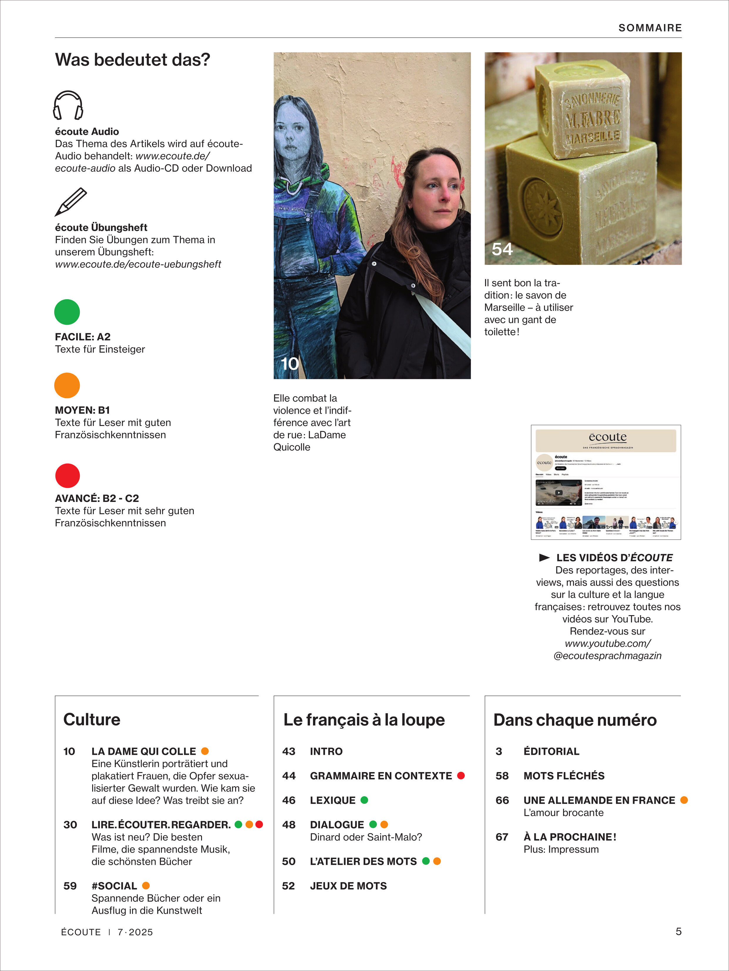 Das Bild zeigt die Innenseite des Écoute Magazins 7/2025 mit Abschnitten zu Themen wie Kultur, Französisch lernen, Hörverstehen, und Sprachübungen.