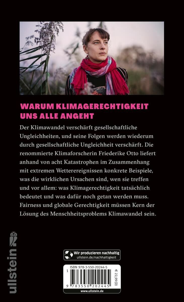 Rückseite des Buches 'Klimaungerechtigkeit' von Frederike Otto. Enthält eine Beschreibungen über die Klimagerechtigkeit und ein Foto von Frederike Otto.