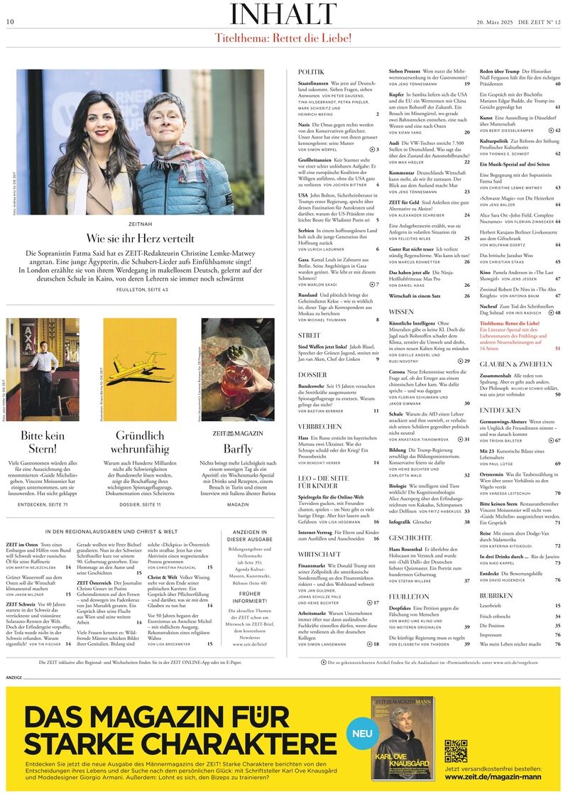 DIE ZEIT 12/2025 Titelseite mit verschiedenen Artikeln und Bildern. Das Layout umfasst Textabschnitte mit Überschriften und einer gelben Anzeige am unteren Rand.