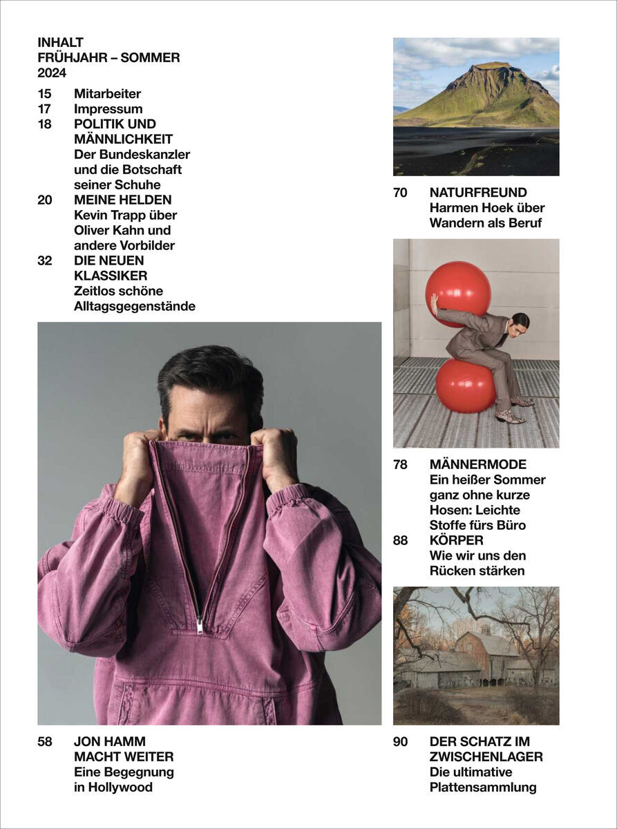 Cover des ZEITmagazin MANN Frühling-Sommer 2024 mit einer Tabelle des Inhaltes, mehreren Fotografien und einem Mann, der einen rosa Pullover trägt und den Reißverschluss bis zum Kinn zugezogen hat.