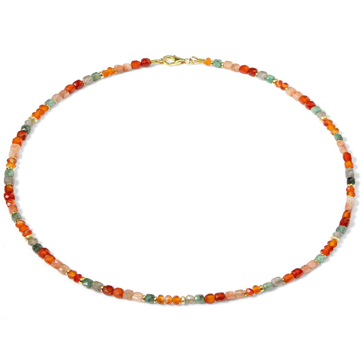 Das Bild zeigt ein fein gearbeitetes Collier aus 925er Sterlingsilber mit kleinen, facettierten Edelsteinen wie Sonnenstein, Karneol, Smaragd und Mondstein. Die Steine sind farbenfroh in Orange-, Rot-, Grün- und Türkistönen angeordnet. Das Collier hat eine hochwertige, goldfarbene Schließe.
