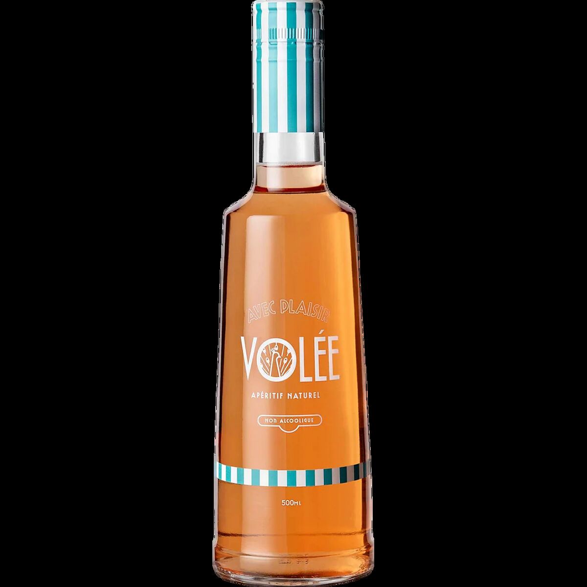 Das Bild zeigt eine 500-ml-Flasche des alkoholfreien Aperitifs 'Volée Avec Plaisir', der zum 'Berlin Spritz Bundle' gehört. Die Flasche hat ein modernes, klares Design mit kupferfarbenem Inhalt und türkis-weißen Akzenten am Etikett sowie am Flaschenhals. Die Beschriftung ist klar lesbar, das Produkt wirkt hochwertig und erfrischend.
