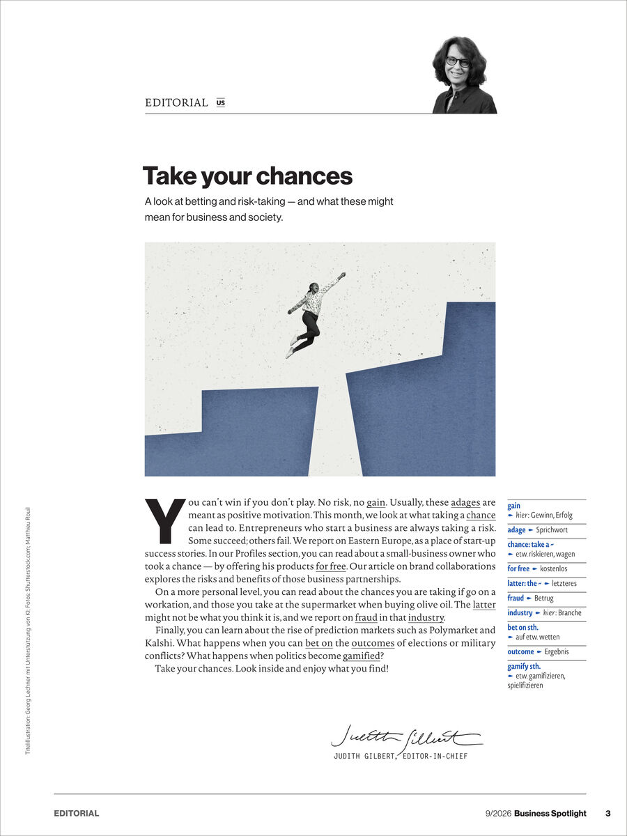 Titelseite des Editorials der Business Spotlight Ausgabe 9/2026 mit Foto einer Frau (vermutlich die Chefredakteurin) oben rechts, großem Titel "Take your chances" und Illustration eines springenden Mannes über eine Lücke. Text in Englisch und Deutsch. Schlichte, moderne Gestaltung.