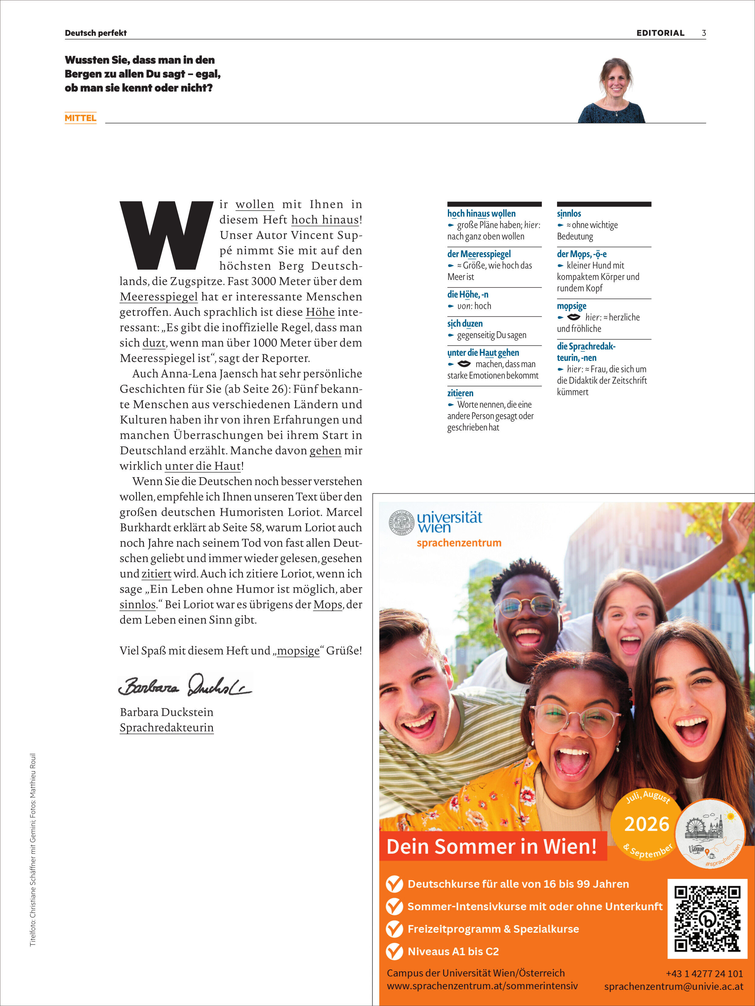 Eine Magazinseite von "Deutsch perfekt Magazin 3/2026" mit Editorial-Text oben und einem Werbeblock unten rechts. Im oberen Bereich steht eine Begrüßung von der Chefredakteurin mit Foto. Unter dem Text befindet sich eine Werbeanzeige für einen Sprachkurs in Wien mit lachenden Menschen in Sommerkleidung und gelbem Infofeld.