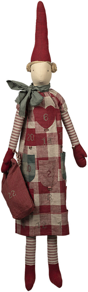 Ein Adventskalender in Form einer Stoffpuppe namens »Pixy Mädchen«. Die Puppe trägt ein rot-weiß kariertes Kleid mit aufgenähten Taschen, die nummeriert sind. Sie hat einen roten spitzen Hut, rote Handschuhe und Strümpfe sowie einen grünen Schal.