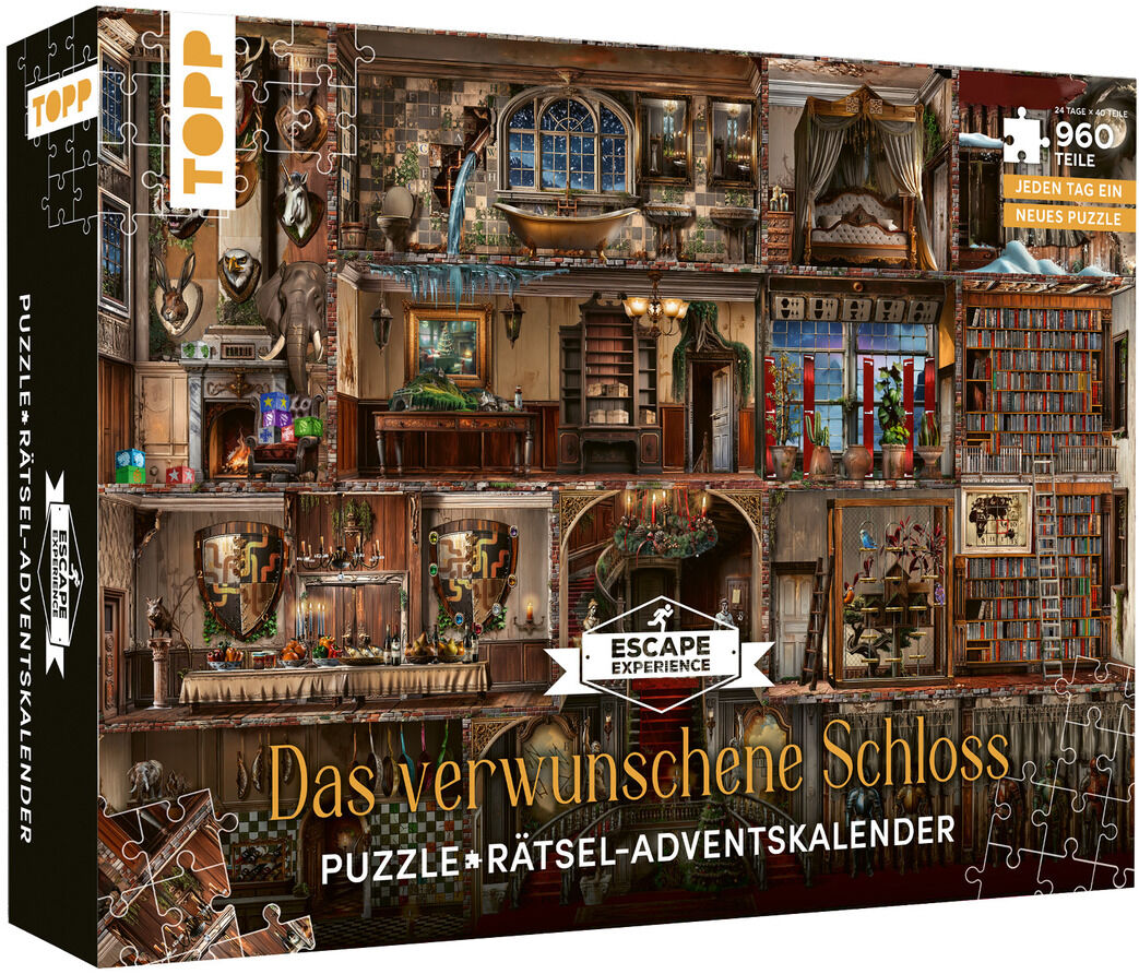 Die Verpackung des Adventskalenders »Puzzle-Rätsel-Adventskalender: Das verwunschene Schloss« von TOPP zeigt detailreiche, märchenhafte Schlosszimmer in warmen Farben. Über dem Titel steht ESCAPE EXPERIENCE, im Hintergrund sind viele kleine Räume mit Gegenständen sichtbar.