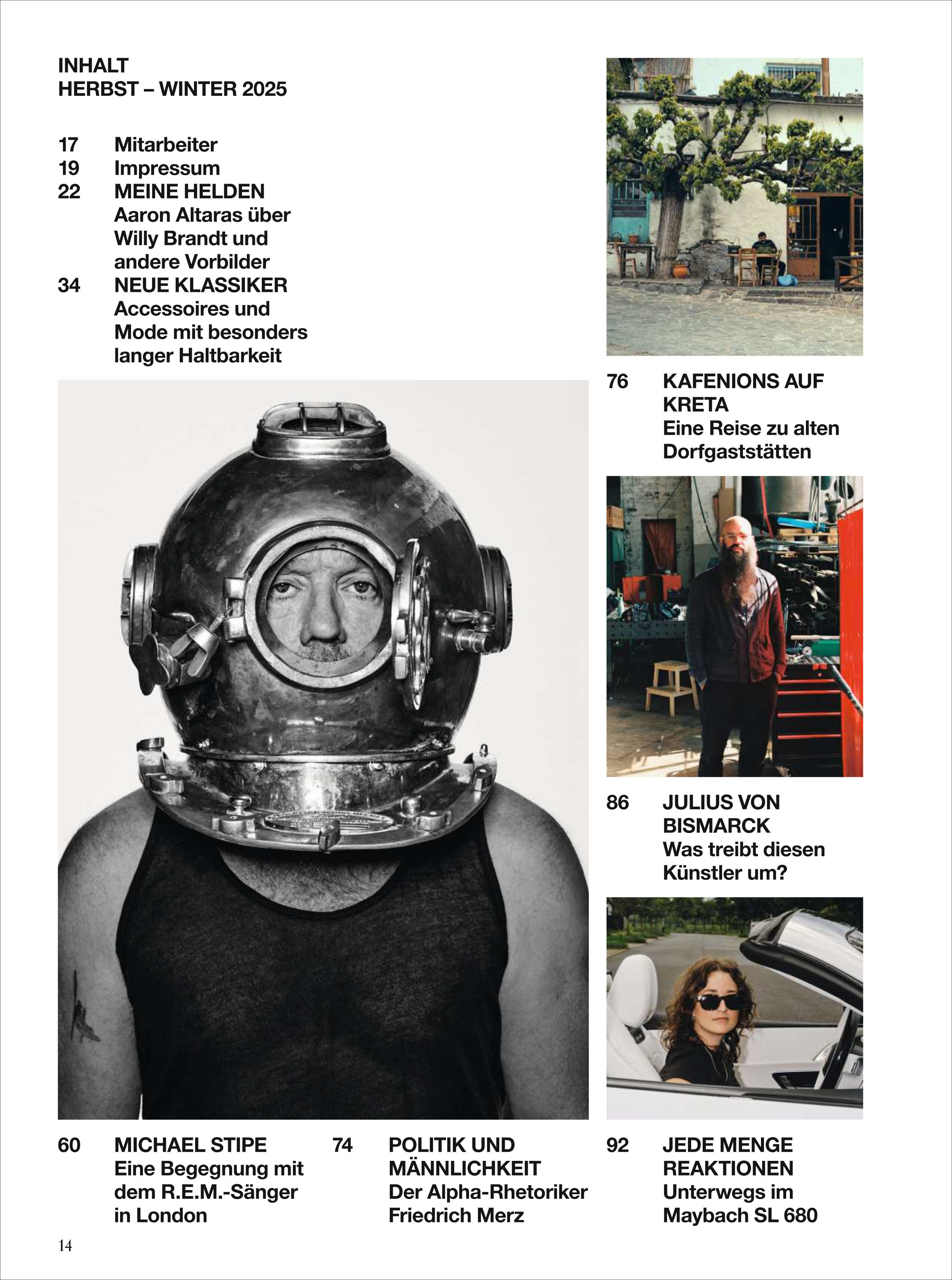 Collage aus Fotografien und Texten in der Inhaltsübersicht eines ZEITmagazin MANN-Hefts, darunter ein Portrait eines Mannes mit historischem Taucherhelm, ein Mann vor einem Oldtimer, eine Fotografie eines Künstlers mit Bart, ein Mann im Gespräch sowie verschiedene Artikelüberschriften. Das Layout vermittelt Themen wie Kunst, Reisen, Lifestyle und Männlichkeit.