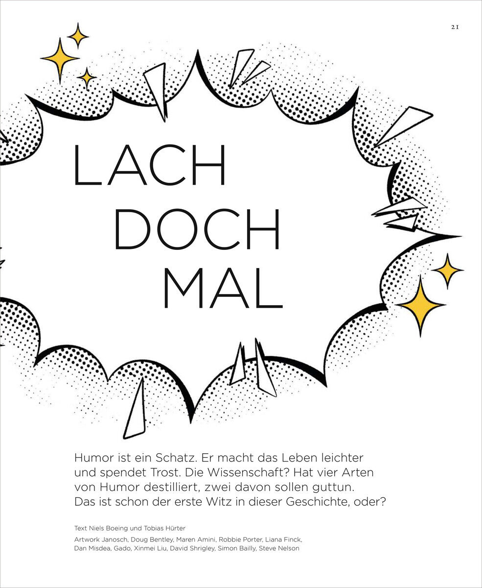 Seite aus ZEIT WISSEN 2/25 mit großem Schriftzug 'Lach doch mal' umgeben von skizzierten Papierfliegern und explodierendem Rahmen. Text erläutert die Bedeutung von Humor im Leben.