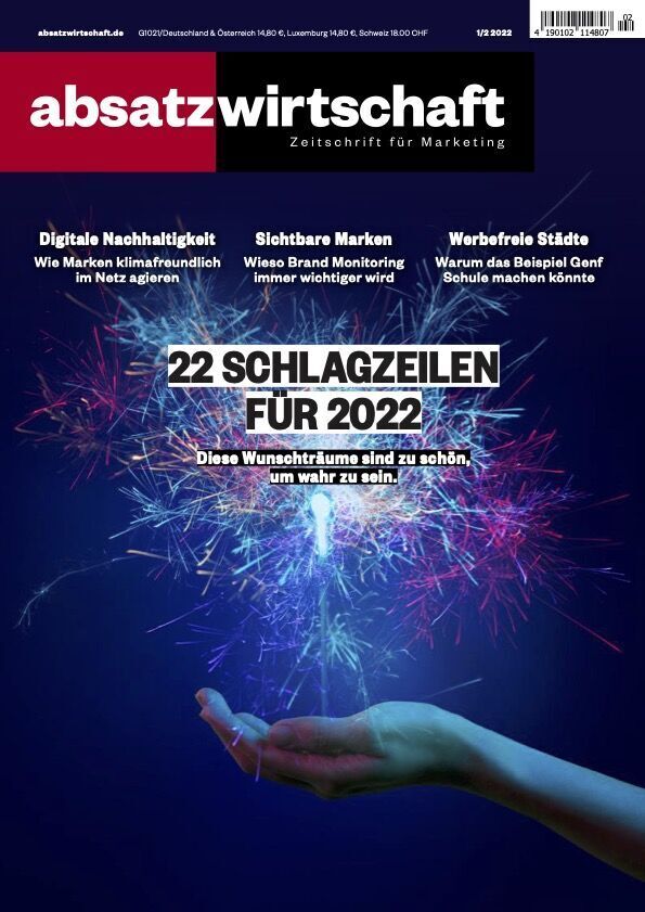 Cover der absatzwirtschaft Ausgabe 1_2/22. Der Titel ist in einem roten Balken auf schwarzem Hintergrund mit dem Untertitel 'Zeitschrift für Marketing'. Schlagzeilen wie 'Digitale Nachhaltigkeit' und '22 Schlagzeilen für 2022' sind auf dem Cover hervorgehoben. Bunte Feuerwerke symbolisieren die Veränderungen und Themen des neuen Jahres.