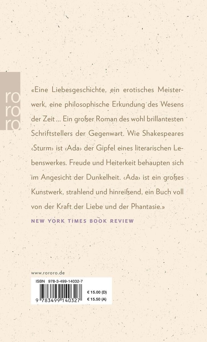 Rückseite des Buches 'Ada' von Vladimir Nabokov, mit Text über das Buch als Liebesgeschichte, erotisches Meisterwerk und philosophische Erkundung. Zitate von Buchrezensionen einschließlich der New York Times Book Review. Farbgestaltung in Beige, Schwarz und Weiß.