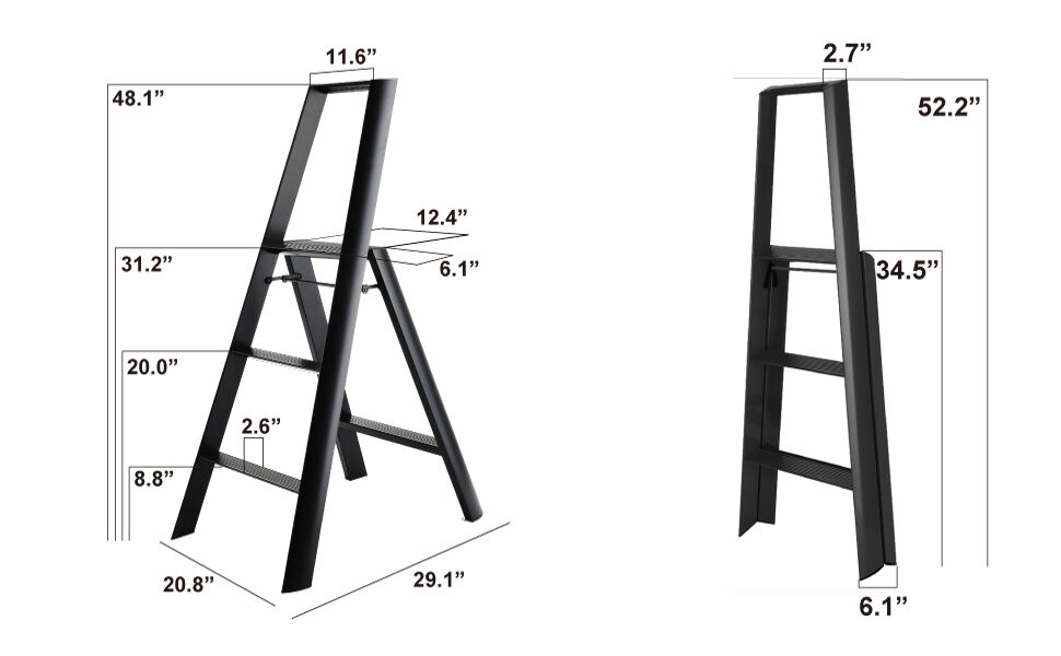 Bild zeigt eine moderne, schwarze Trittleiter mit drei Stufen aus Aluminium. Die Trittleiter ist in geöffnetem und geschlossenem Zustand zu sehen. Sie besitzt ein minimalistisches Design, stabile Standfüße und eignet sich perfekt für Arbeiten im Haushalt, wie Fensterputzen oder das Erreichen höherer Stellen.