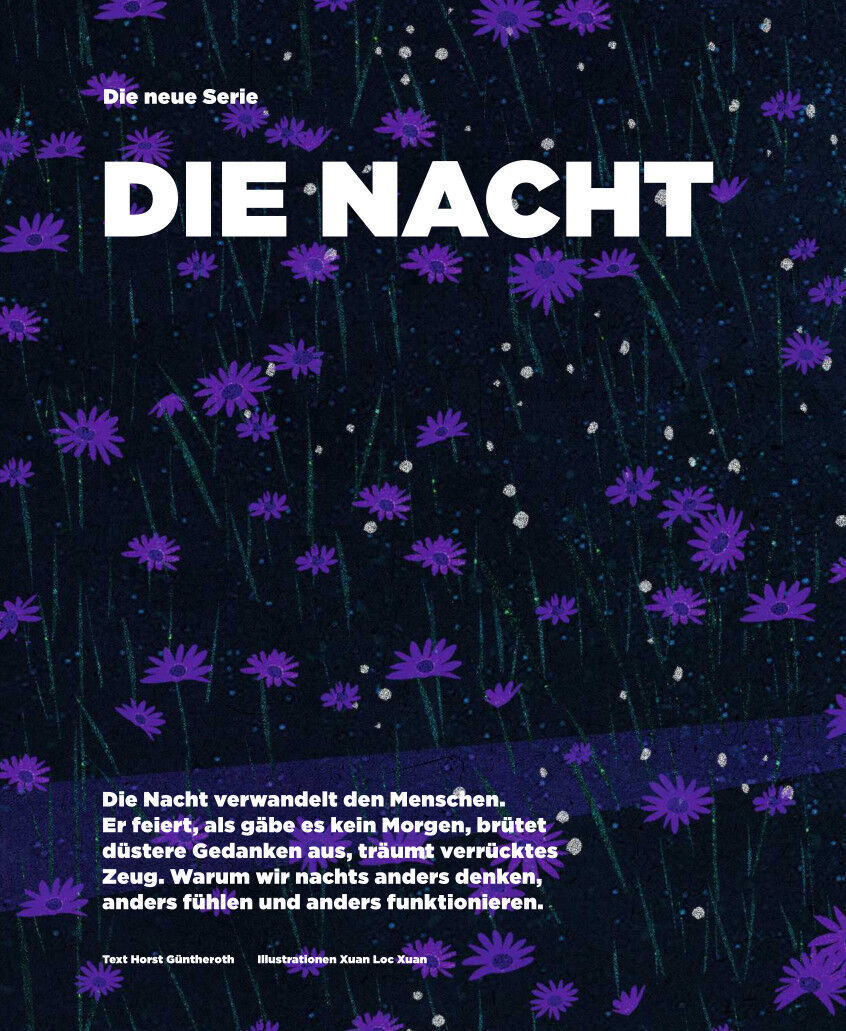 Cover des Magazins ZEIT WISSEN 1/24, das den Titel 'Die Nacht' trägt. Der Hintergrund zeigt eine stilisierte Nachtszene mit violetten Blumen und einem dunkelblauen, sternenbedeckten Himmel. Weißer Text im Vordergrund.