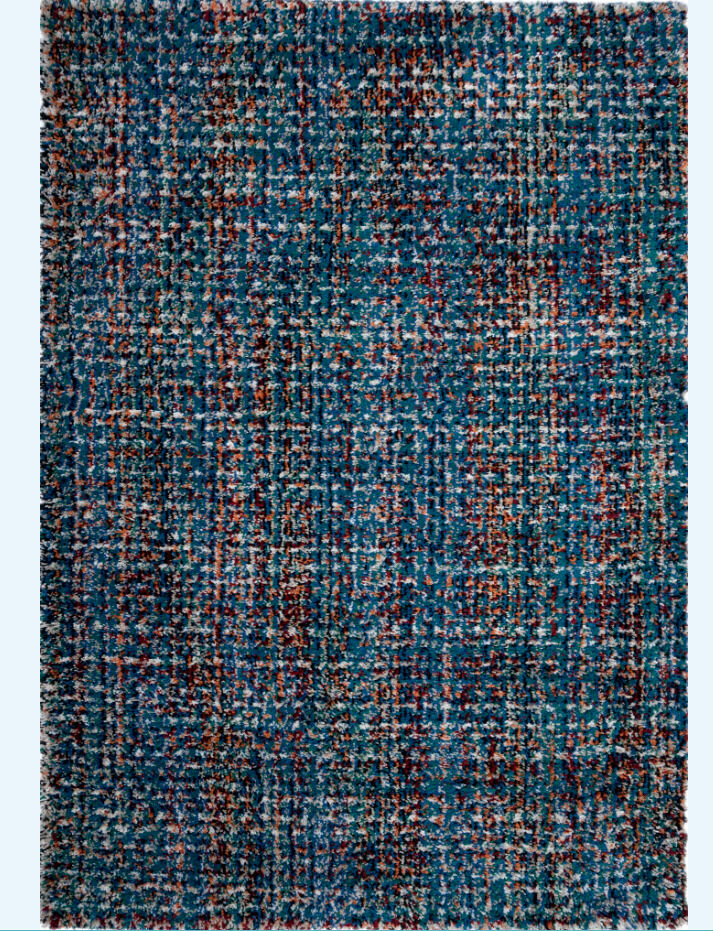 Teppich 'Gabriele bleu' aus Kunstfaser. Der Teppich hat ein buntes, gemustertes Design mit vorwiegend blauen, roten, braunen, weißen und türkisen Farben.