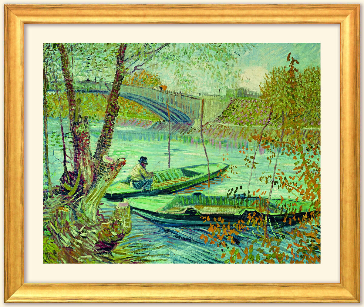 Ein Kunstwerk von Vincent van Gogh, das eine Flusslandschaft mit Booten und einer Brücke in hellen Grün-, Blau- und Gelbtönen zeigt, gerahmt in einem goldenen Rahmen.