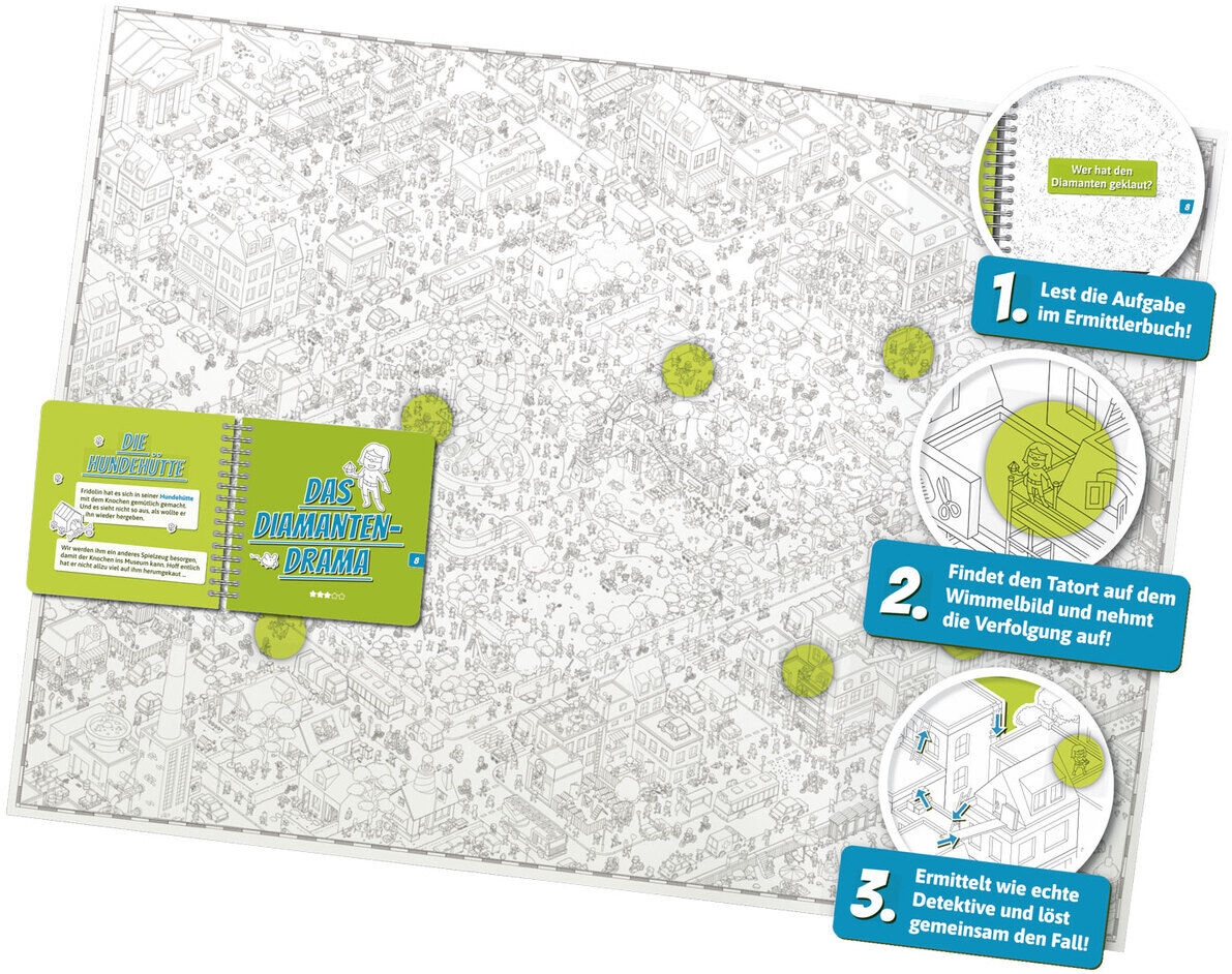 Das Bild zeigt das Brettspiel 'MicroMacro KIDS Der verrückte Stadtpark' mit einer ausgebreiteten großen Wimmelbild-Karte, einem kleinen Ermittlungsbuch und mehreren runden Markierungen auf dem Plan. Drei Infografiken erklären die Spielschritte: Aufgabenbuch lesen, Tatort im Stadtparkbild finden und gemeinsam als Detektive Fälle lösen. Das Spiel wirkt kinderfreundlich und fördert Teamarbeit sowie Beobachtungsgabe.