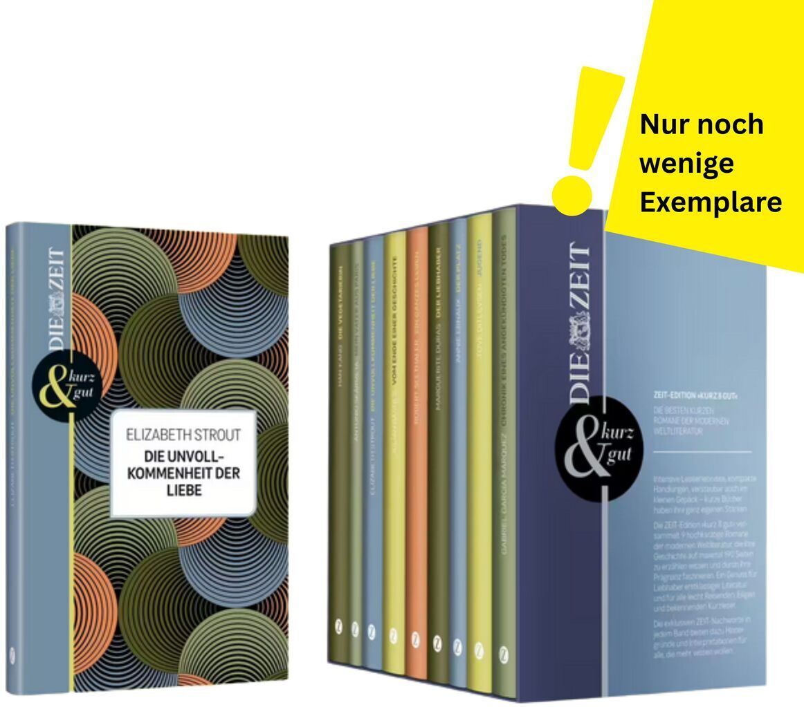 Neunbändige ZEIT-Edition »kurz & gut« mit bunten Hardcover-Rücken im Schuber. Das Cover des vorderen Buchs zeigt grafische Kreise in gedeckten Pastellfarben. Gelber Hinweis: „Nur noch wenige Exemplare“. Für Liebhaber moderner Weltliteratur.