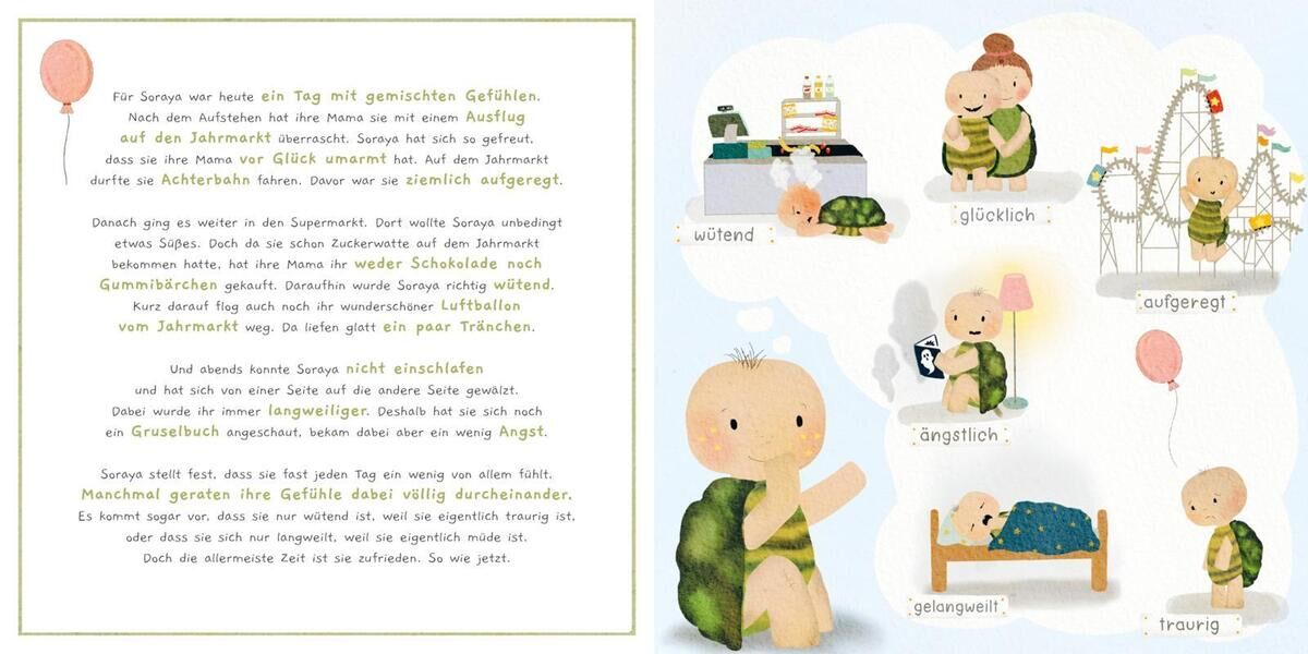 Eine Seite eines Kinderbuches. Links wird eine Geschichte über Gefühle erzählt, rechts sind Illustrationen von einem Baby mit verschiedenen Emotionen abgebildet, wie glücklich, wütend, aufgeregt, gelangweilt und traurig. Luftballons und einfache, freundliche Farben dominieren die Seite.