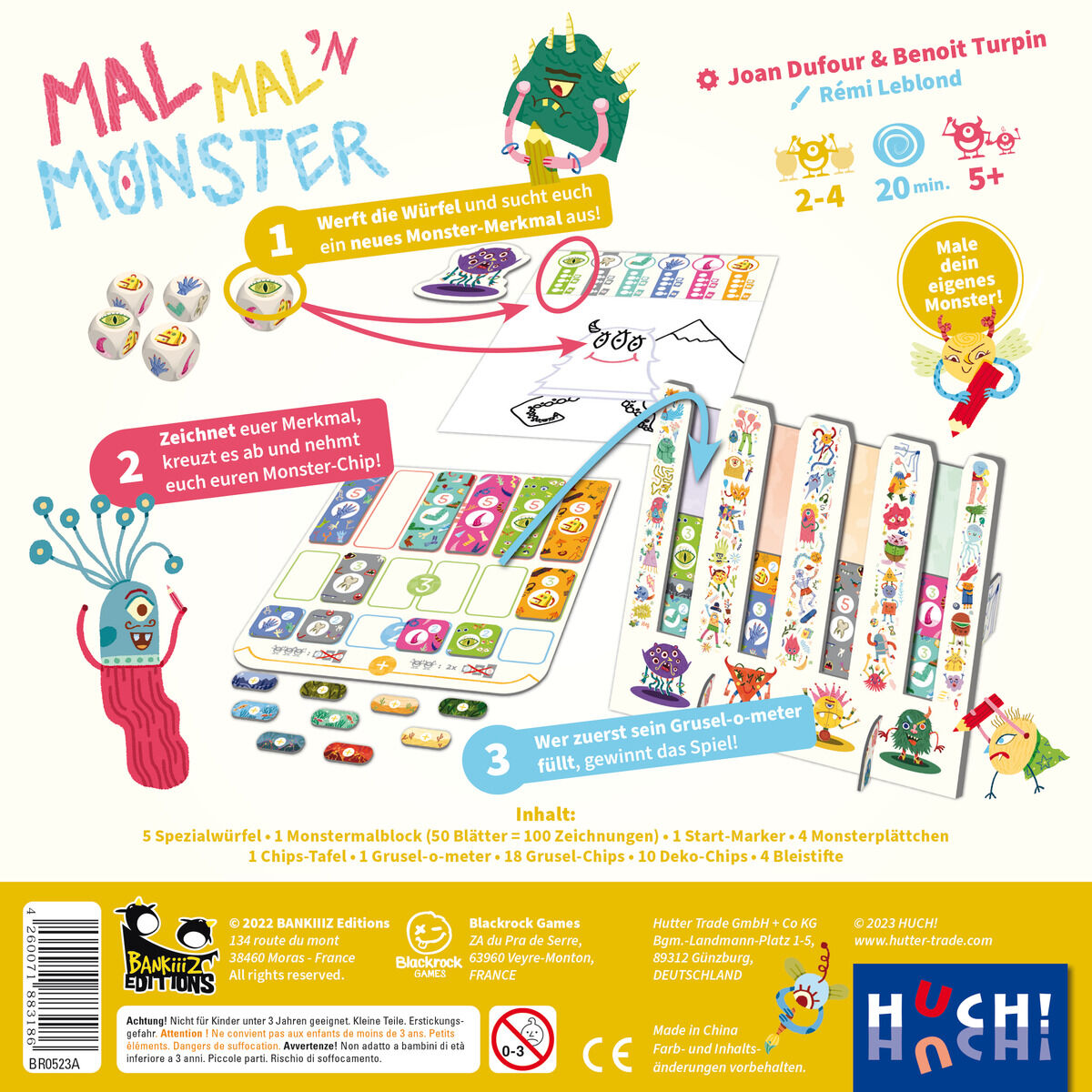 Packung des Spiels 'Mal mal'n Monster', ein Brettspiel mit bunten Illustrationen von Monstern und Beschreibung der Spielkomponenten.