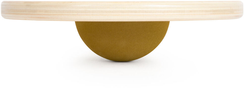 Ein Balancierstein-Set namens Adventure, bestehend aus einer hölzernen Balancierplattform mit einem halbrunden gelben Fuß.