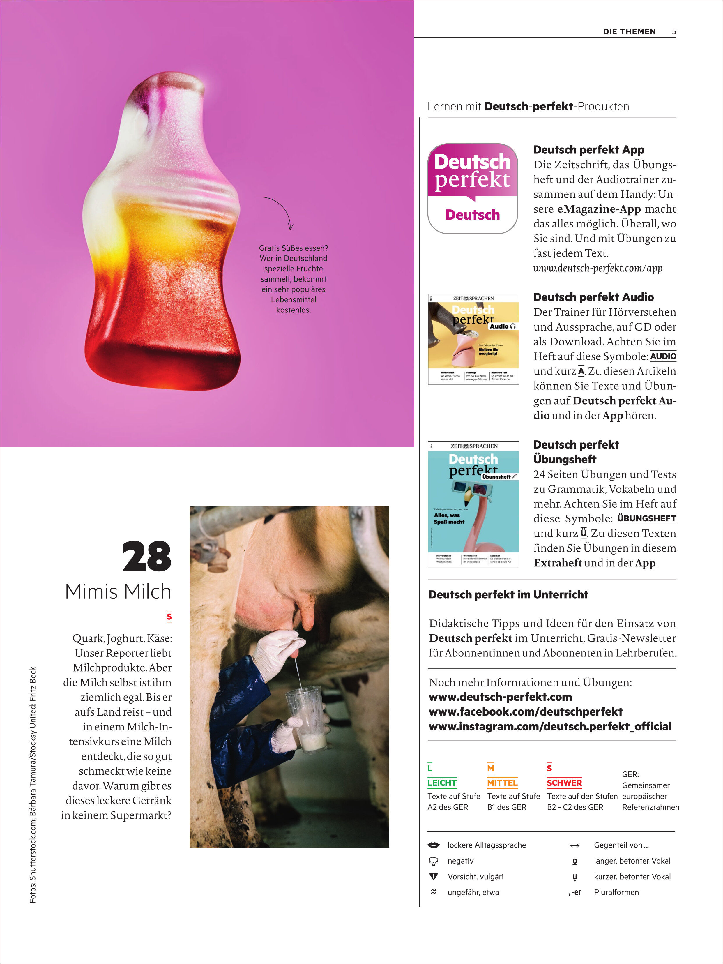 Seite des Deutsch perfekt Magazins 7/2025. Es zeigt ein pink-weißes Kunstobjekt und eine Seite mit Informationen und Artikeln, inklusive eines Bildes von einer Person mit einem Tier. Das Layout enthält Textblöcke und Symbole zu verschiedenen Lernressourcen.