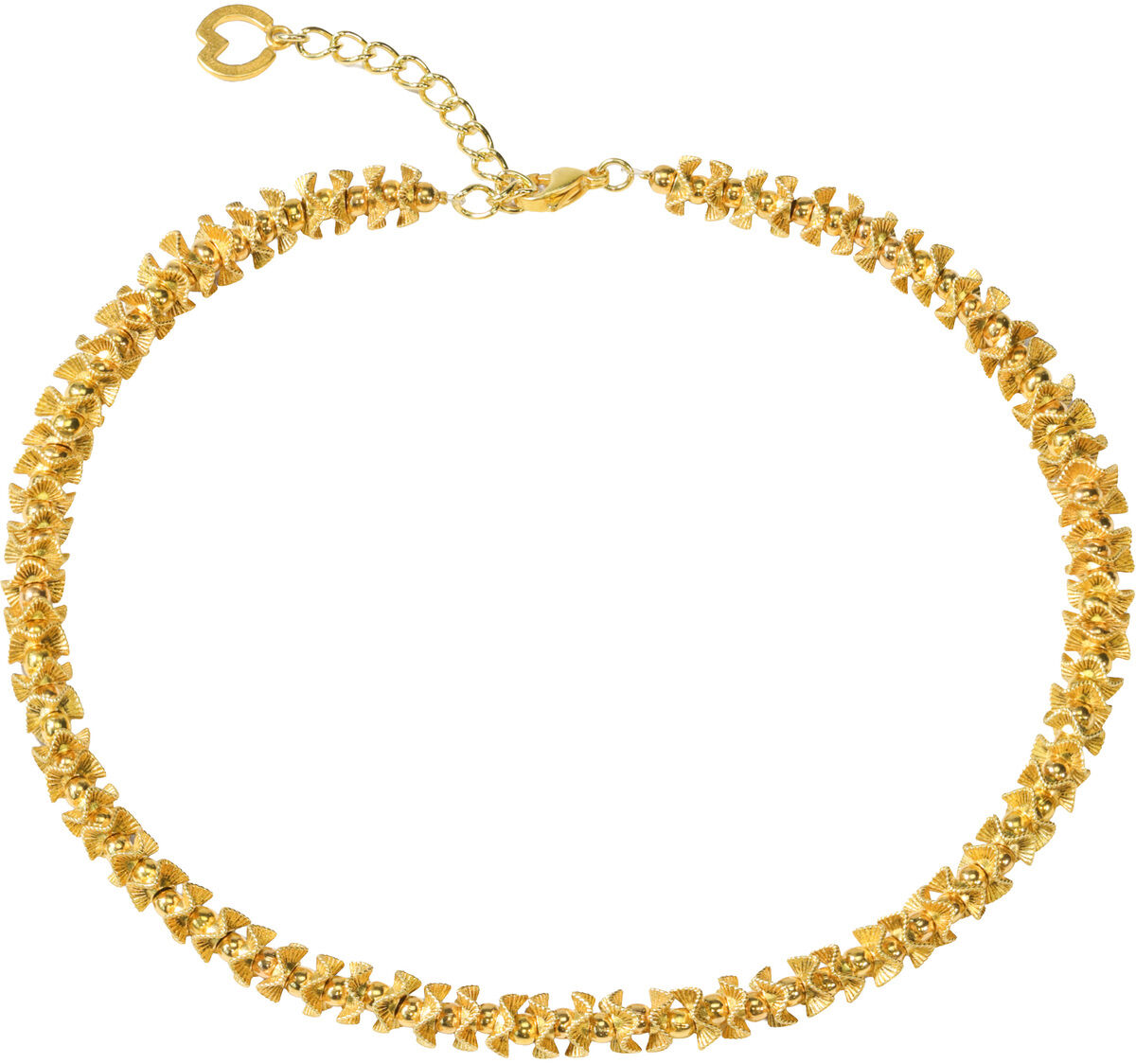 Goldenes Collier aus 24 Karat vergoldetem Messing mit Fächer-Design. Die Kette besteht aus kleinen, gleichmäßig angeordneten, fächerförmigen Elementen. Fein gearbeiteter Verschluss mit Verlängerungskette. Luxuriös, elegant und dekorativ.