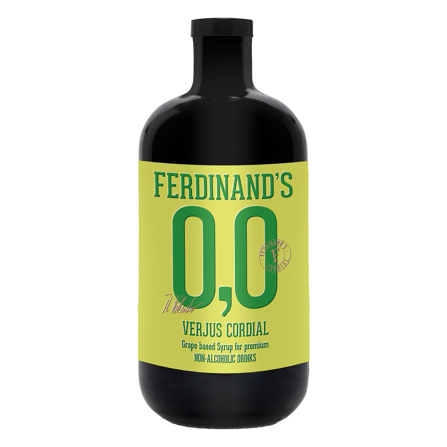 Eine schwarze Flasche Ferdinand’s Verjus Cordial steht vor weißem Hintergrund. Das Etikett ist hellgrün mit gelber und grüner Schrift und hebt die 0,0 Alkohol-Kennzeichnung sowie die Traubenbasis hervor. Das Produkt eignet sich als alkoholfreier Sirup für die Zubereitung von Getränken und Cocktails.