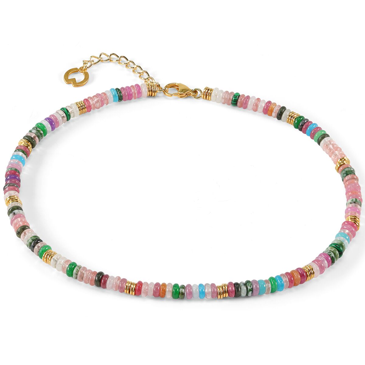 Das Bild zeigt das Collier »Thyra« von Petra Waszak für Ars mundi. Die Halskette ist 40–47 cm lang und besteht aus zahlreichen bunten Edelsteinperlen (u.a. Jade, Malachit, Rosenquarz, Jaspis) sowie feinen 24-karätig vergoldeten Messingzwischenstücken.