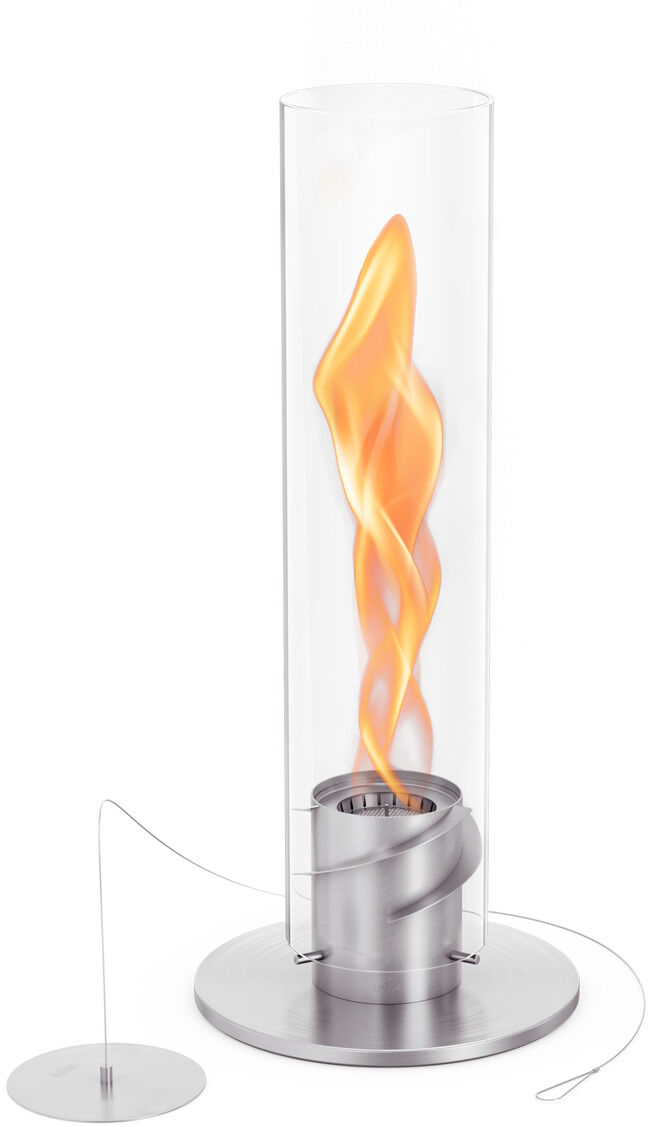 Das Tischfeuer »SPIN 900« besteht aus einer schlanken Edelstahlbasis und einer hohen Glasröhre mit einer spiralförmigen Flamme in der Mitte. Es erzeugt ein stimmungsvolles und elegantes Ambiente.