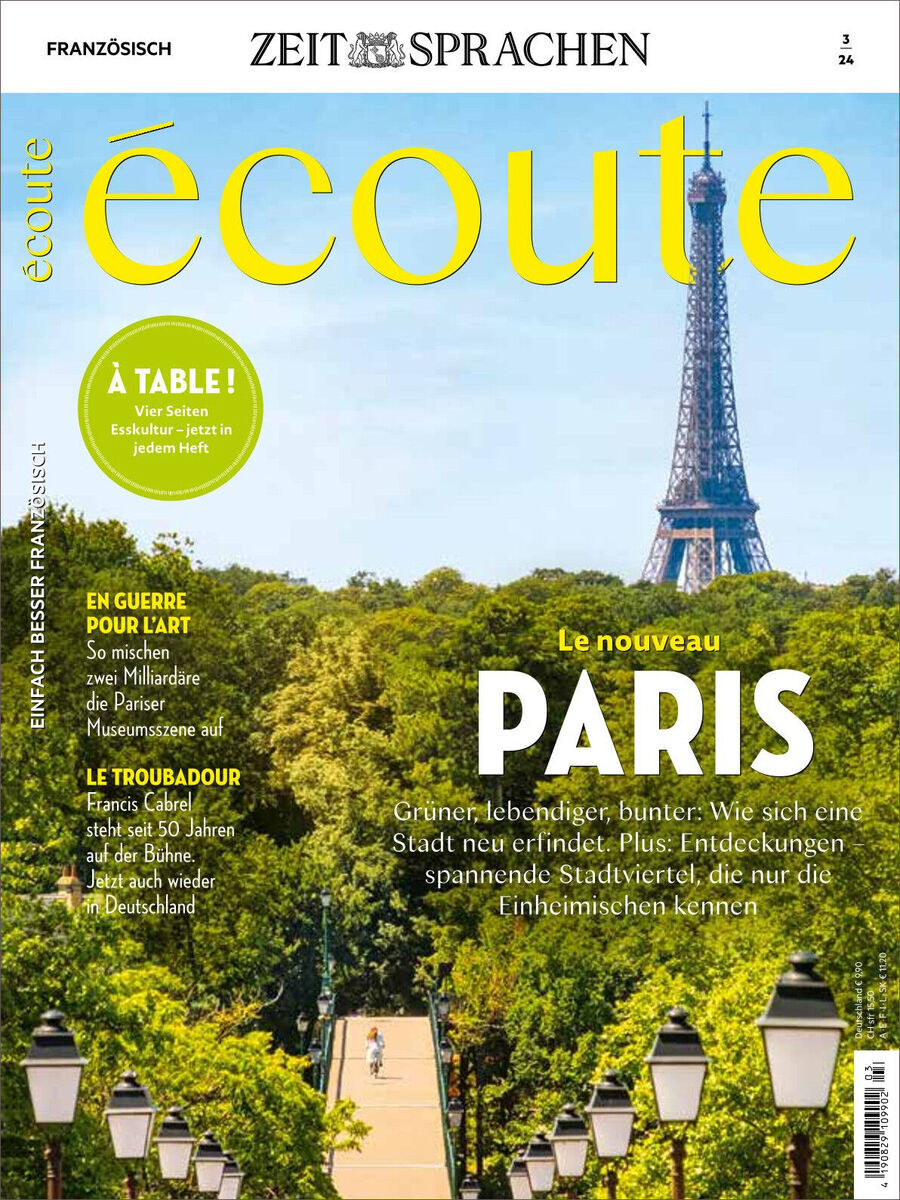 Cover des Magazins Écoute 03/2024 mit dem Titel 'Le nouveau PARIS'. Im Hintergrund ist der Eiffelturm und eine grüne Landschaft zu sehen. Der Schriftzug Écoute ist in gelber Farbe prominent oben abgebildet.