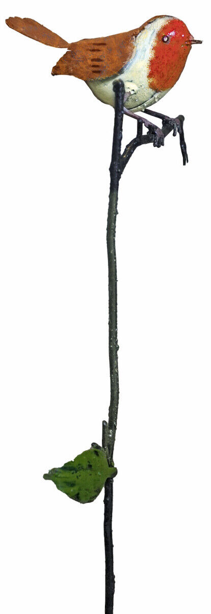 Dekorativer Gartenstecker in Vogel-Form, dreiteilig, aus Metall, zeigt einen kleinen Singvogel mit roter Brust und braunem Rücken, stehend auf einem Zweig mit grünem Blatt.
