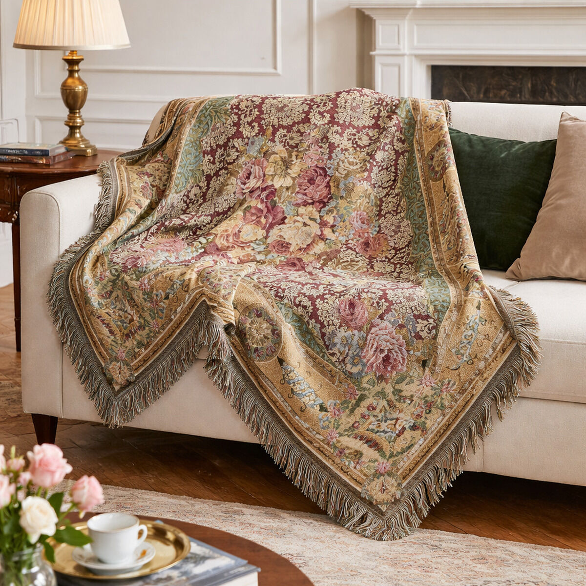 Auf einem hellen Sofa liegt das luxuriöse Wohnplaid »Aubusson« der Marke Ars mundi aus fester Gobelin-Qualität. Das Plaid zeigt ein detailliertes florales Muster in Gold-, Grün- und Rosatönen mit dekorativem Fransenabschluss. Im Hintergrund sind Kissen, Tisch und Kamin sichtbar.